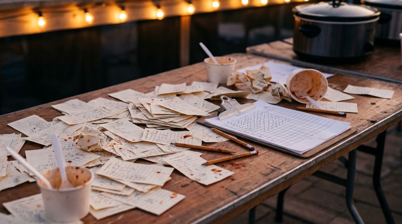 A table covered in hundreds of paper chili scorecards, pencils and a clipboard tally sheet at the end of a cook-off