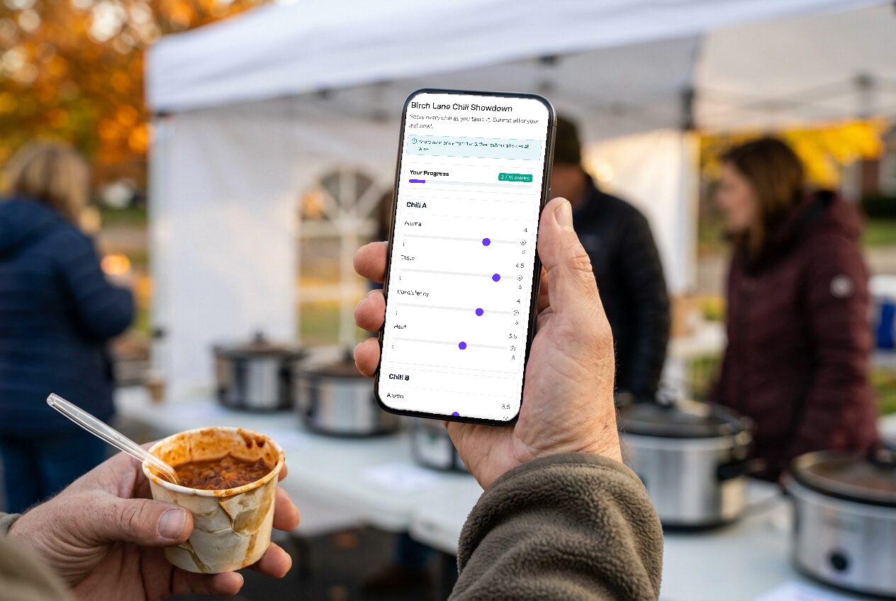 A guest holding a paper cup of chili and a phone showing the Birch Lane Chili Showdown scoring page