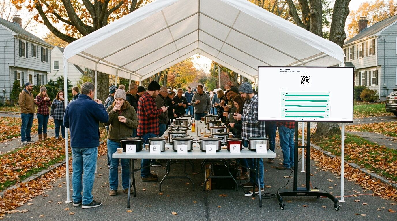 Neighbors tasting chili under a white tent, with lettered slow cookers and the results on a TV screen