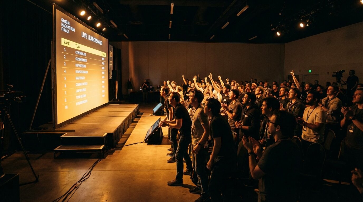 An excited audience watching live competition results on a large projection screen