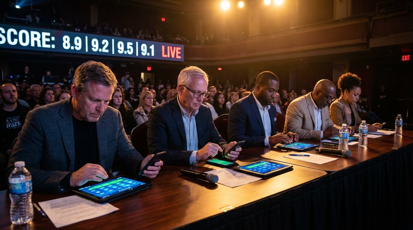 A panel of judges at a live competition, each scoring on tablets while a live scoreboard displays scores behind them