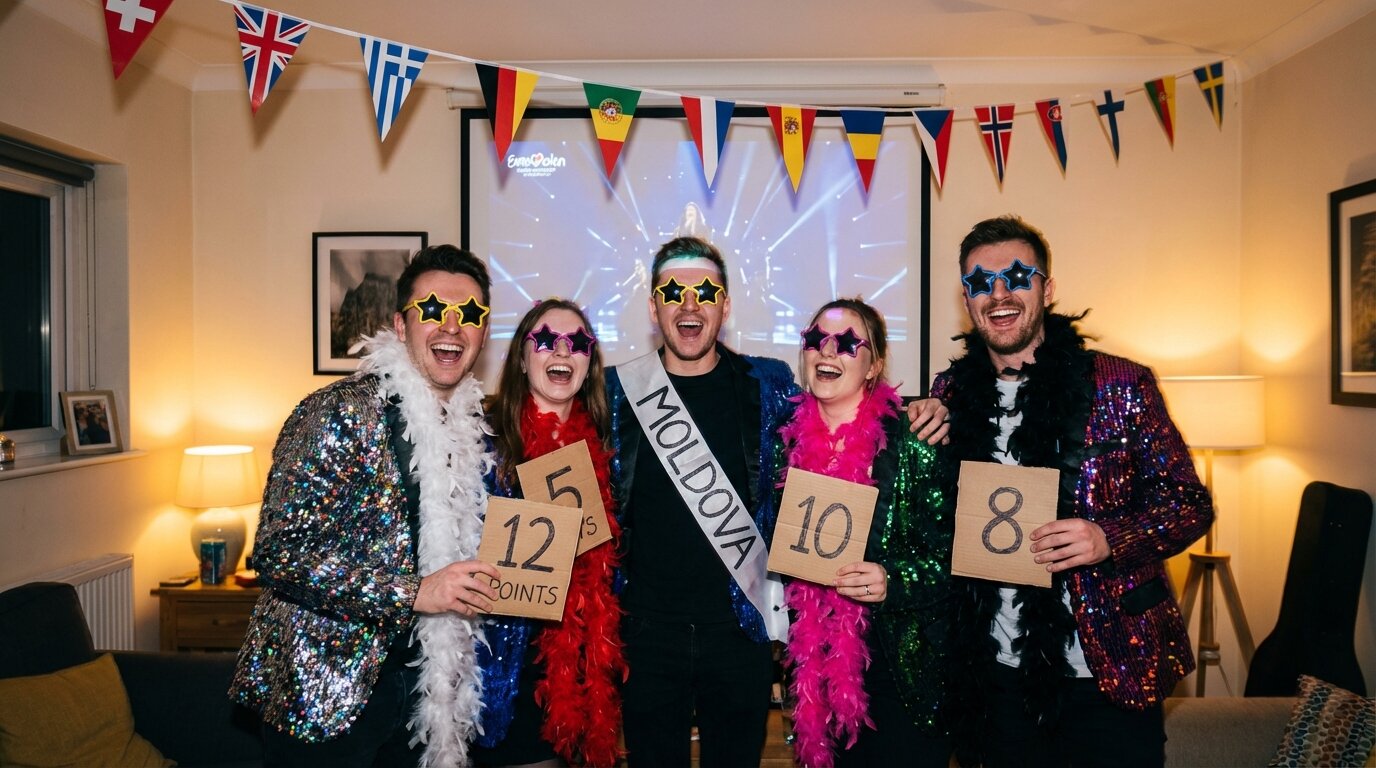 Friends in sparkly Eurovision costumes holding up score cards