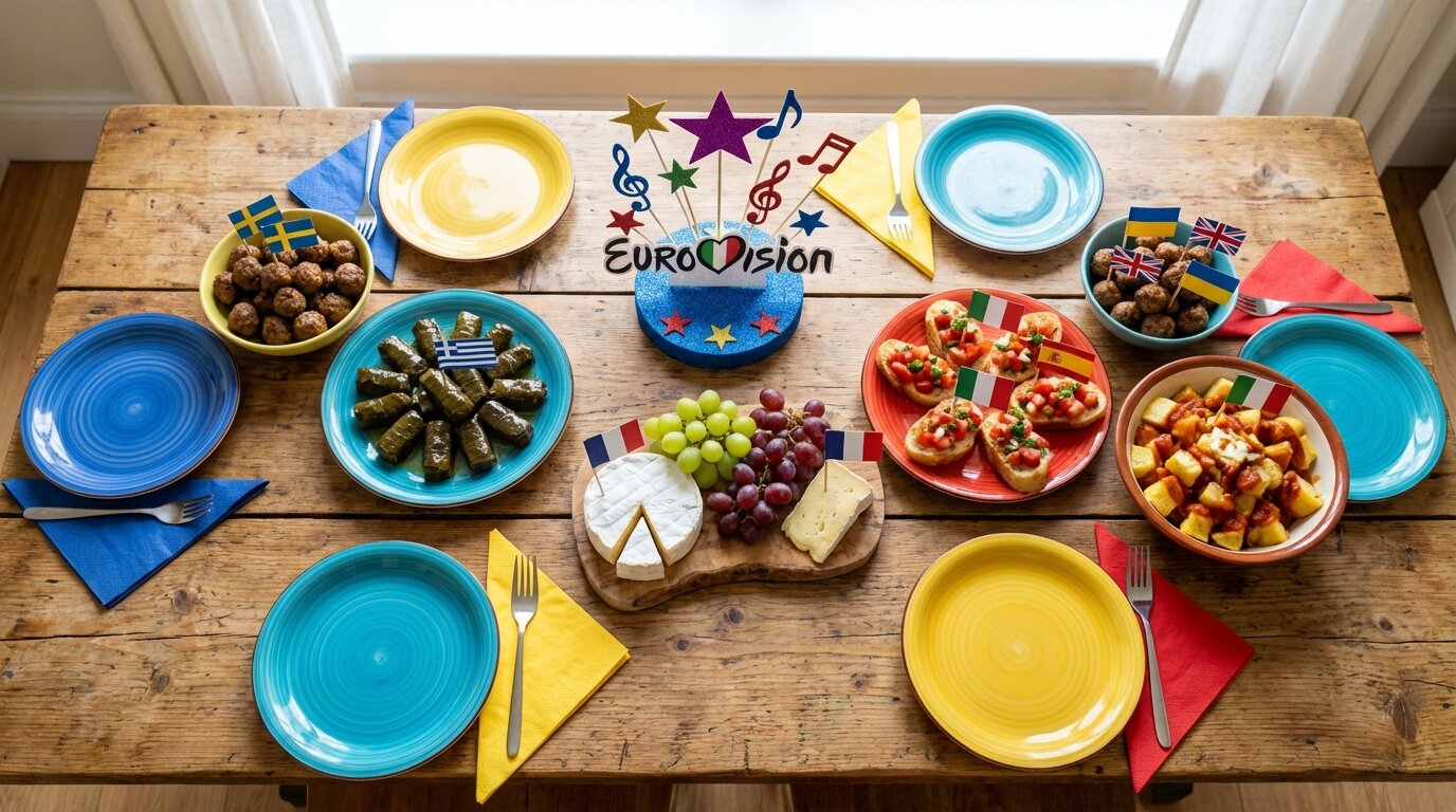 European themed party food spread with country flag toothpicks
