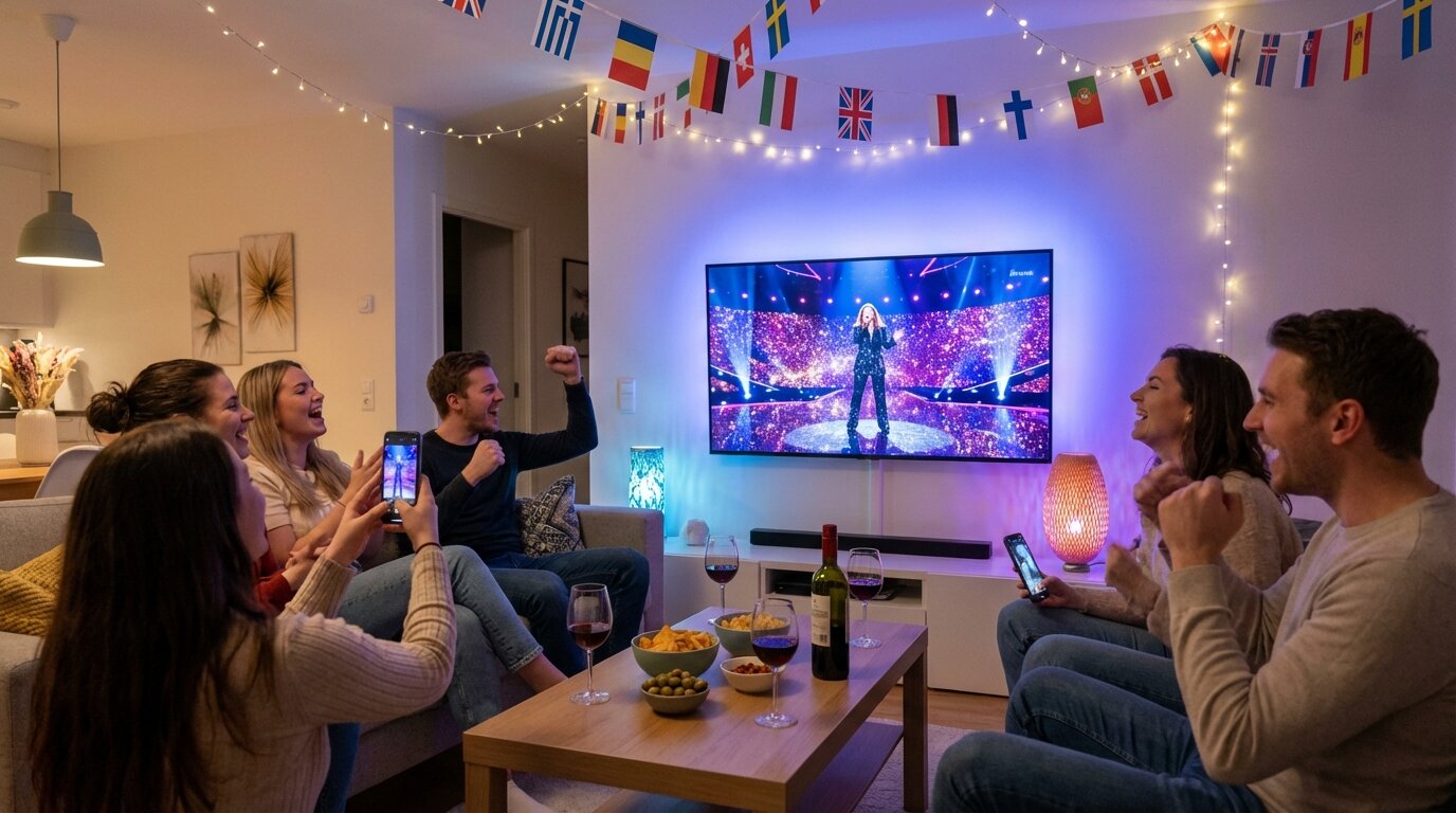 Everything you need for an unforgettable Eurovision watch party: food ideas, decorations, costumes, drinking games, and how to set up real audience voting from everyone's phone.
