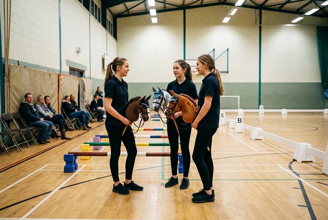 Hobby horse riders waiting to compete in a sports hall, with a jumping course and dressage arena set up