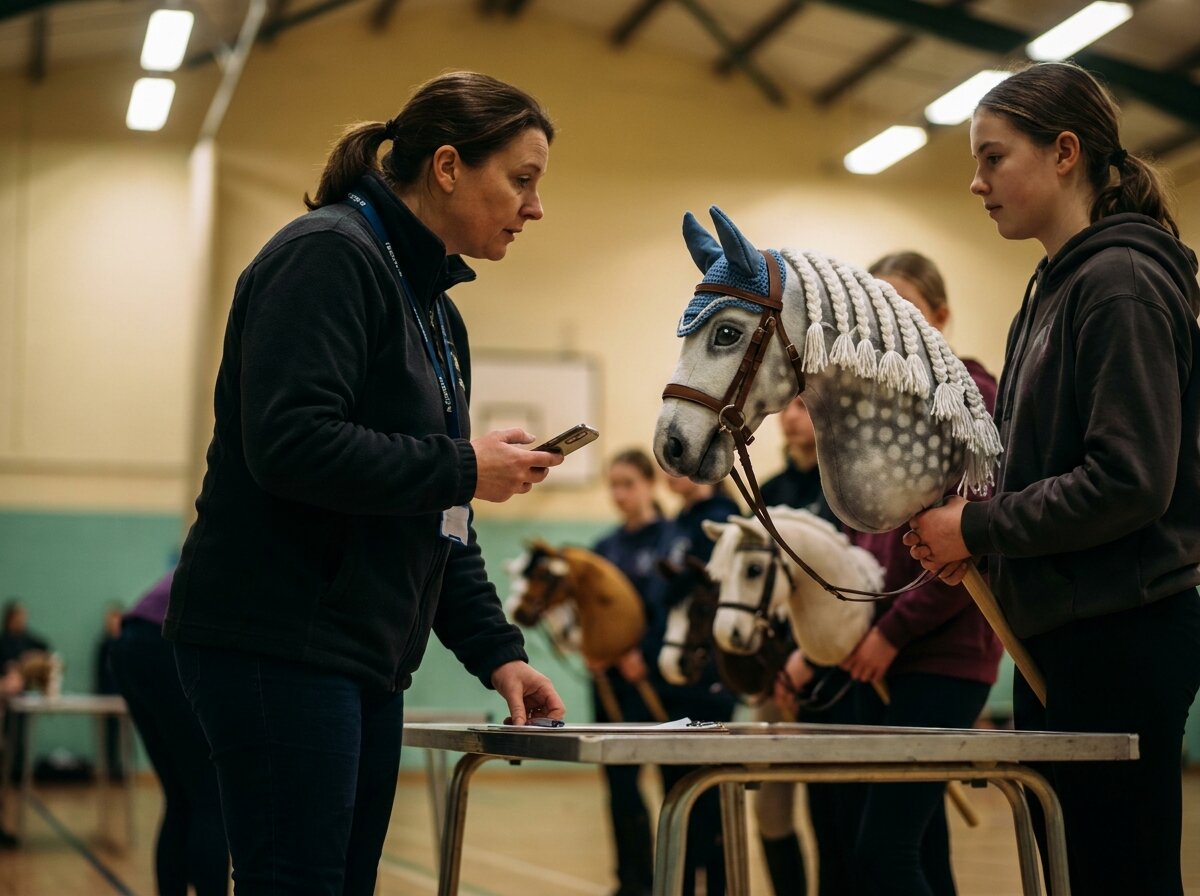 A judge holding a phone to score a hobby horse's craftsmanship and turnout during a show class