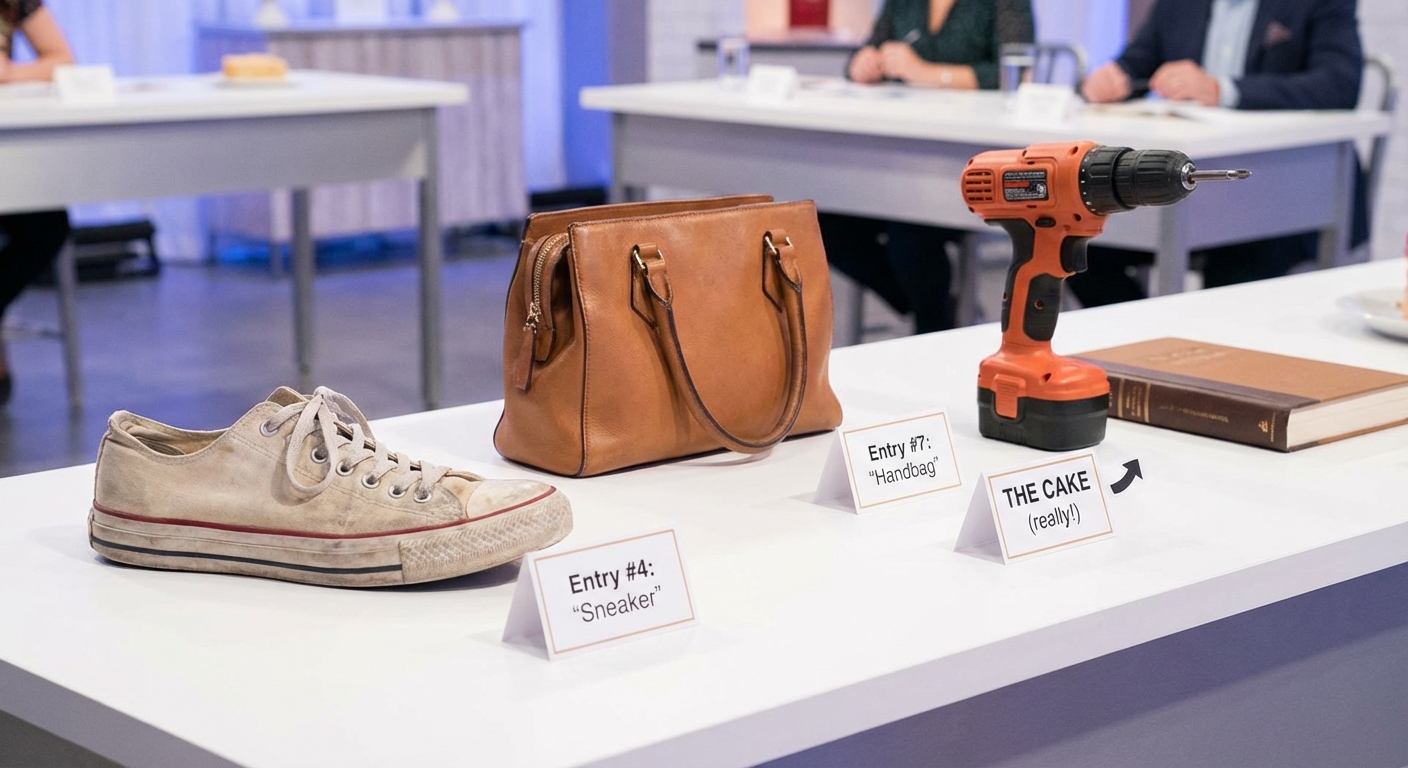 Is It Cake? style competition: bakers presenting their cake sculptures on a table for judges to identify