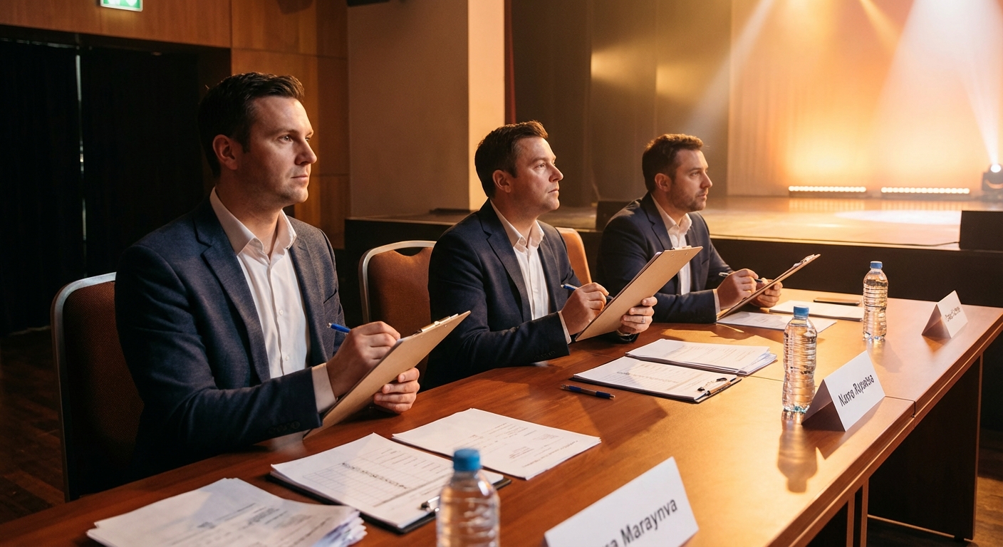 A panel of judges evaluating competition entries using a structured multi-round scoring rubric