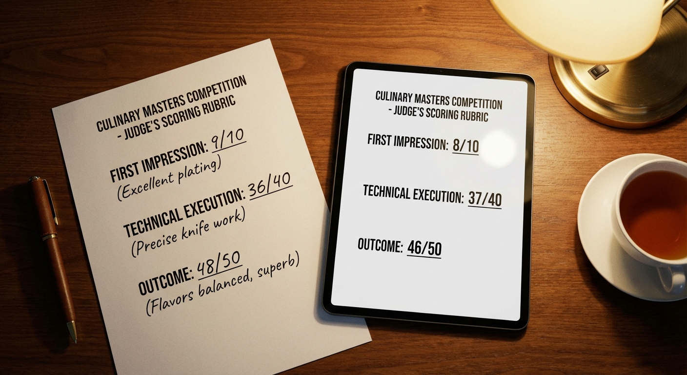 A transparent competition scoring sheet showing separate criteria columns for first impression, execution, and outcome
