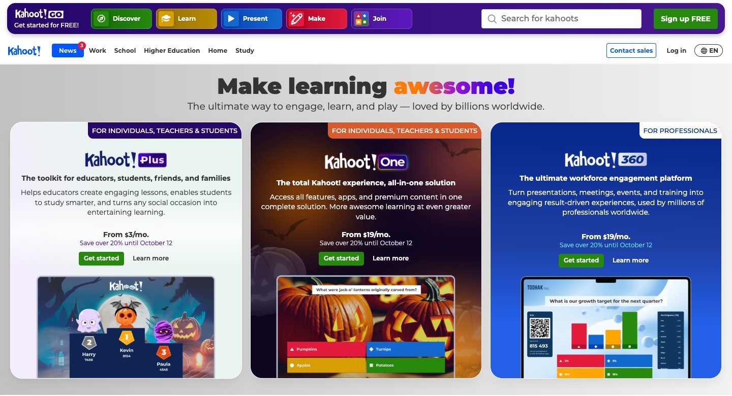 Kahoot website, October 2026