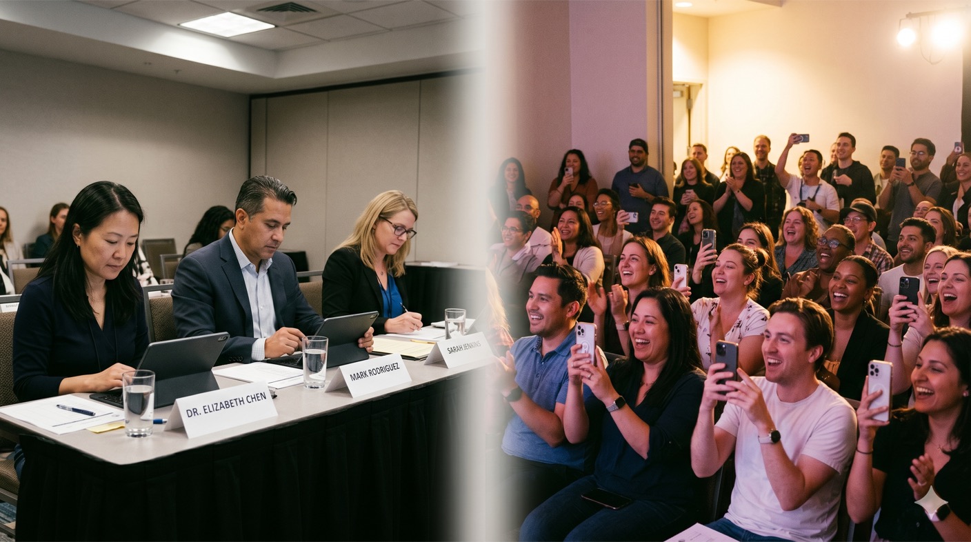 Split-scene contrasting a panel of judges scoring on tablets on the left with an enthusiastic audience holding up phones to vote on the right
