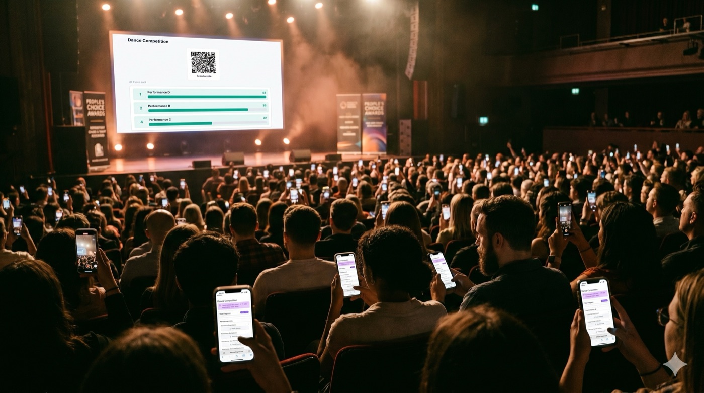 Audience holding up phones to vote during a live awards event with the leaderboard on the main screen
