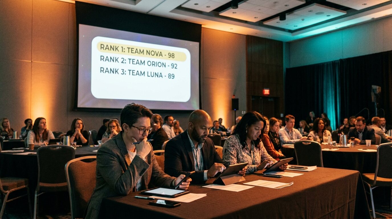 Judges scoring entries on tablets at a live awards evening with the leaderboard on the venue screen