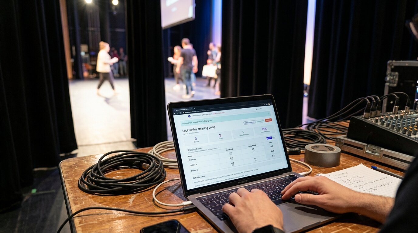 Admin dashboard on laptop backstage at a competition
