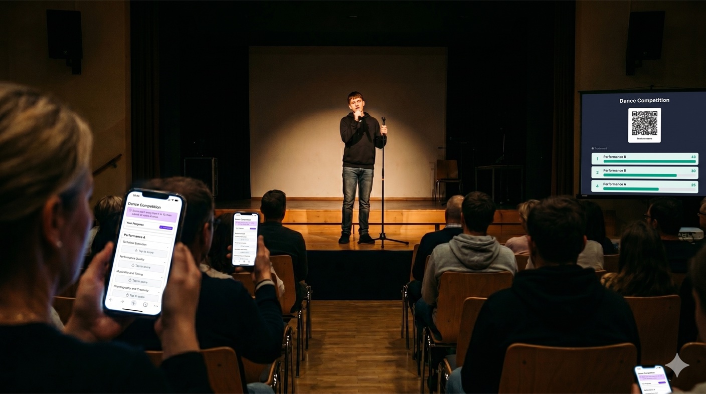 A practical guide to running a talent show with live audience voting — picking the right voting mode, sharing the link from the stage, and avoiding the usual disasters.