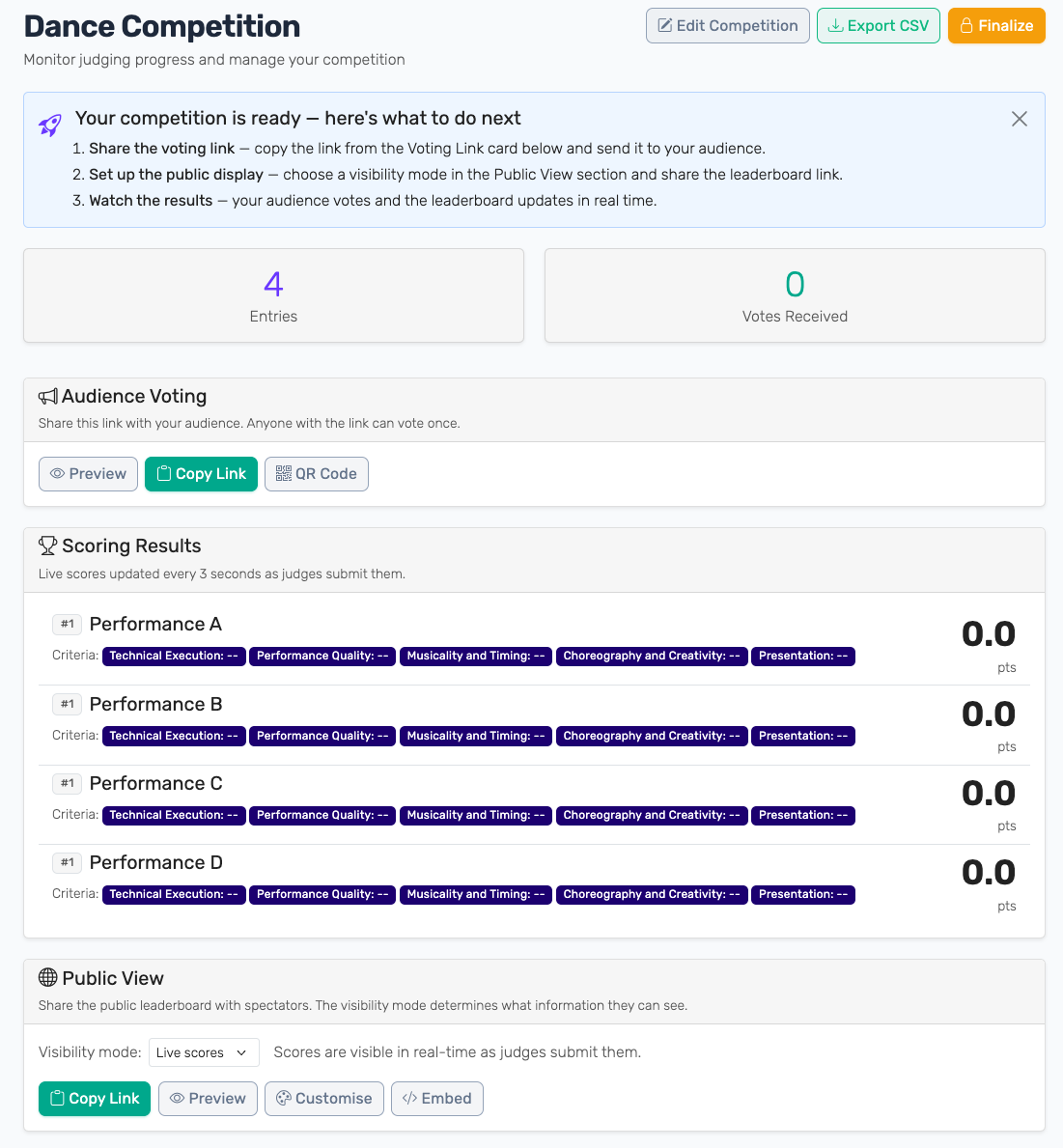 Admin dashboard with voting link, QR code, and copy controls