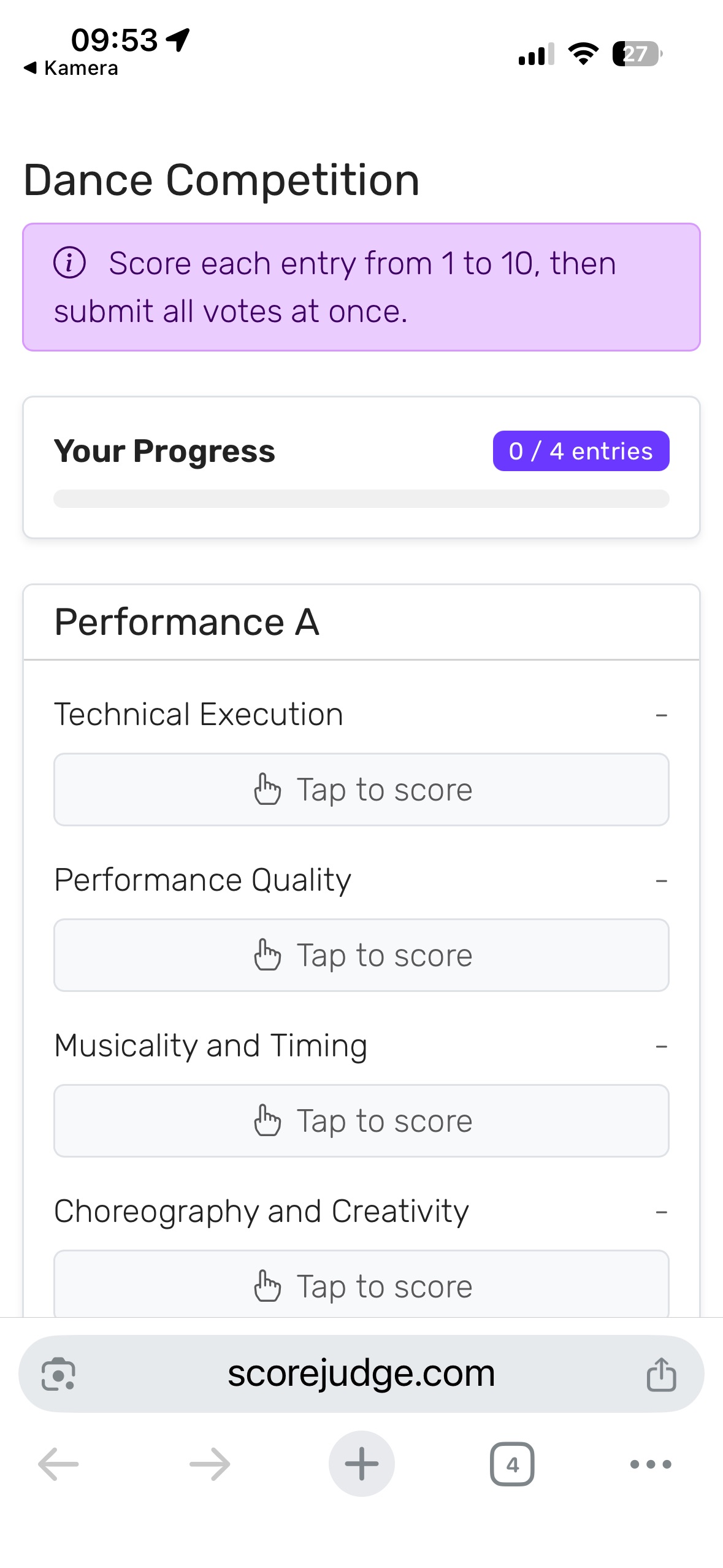 Voter's mobile scoring screen with Tap to score buttons