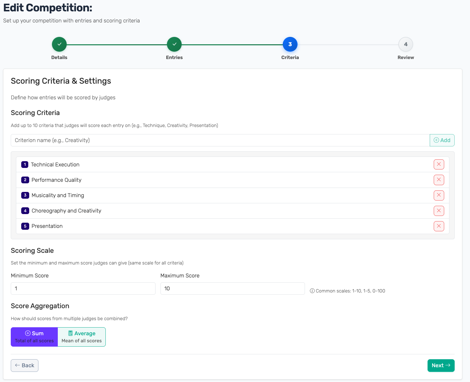 Wizard Step 3: scoring criteria and settings