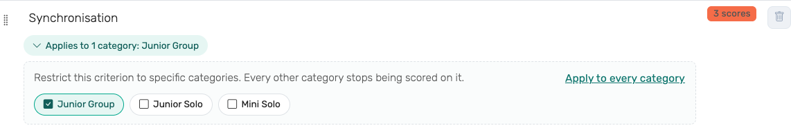 A scoring criterion's category picker open in the Editor, with one of three categories ticked