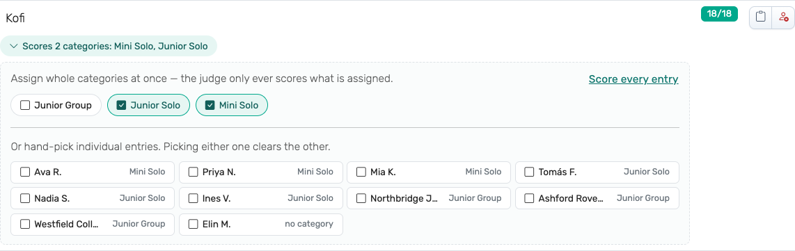 A judge's assignment picker open in the Editor, with category chips above a hand-picked entry list