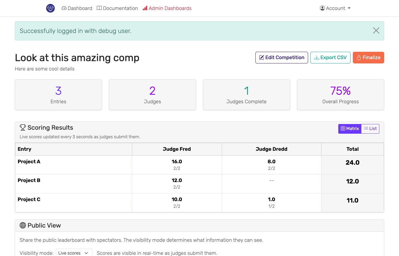 Admin dashboard showing scoring progress and judge status