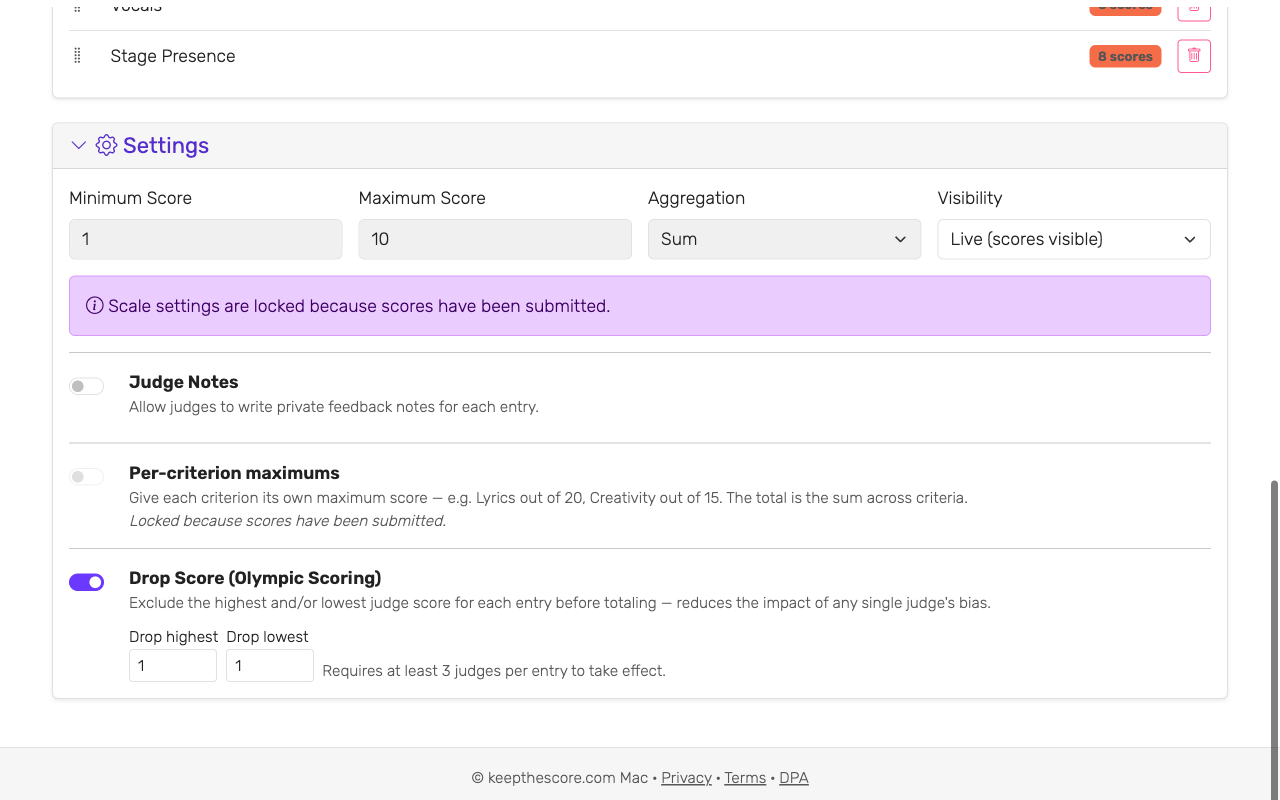 Editor settings panel showing the Drop Score toggle, drop-highest and drop-lowest inputs, and the minimum-judges requirement