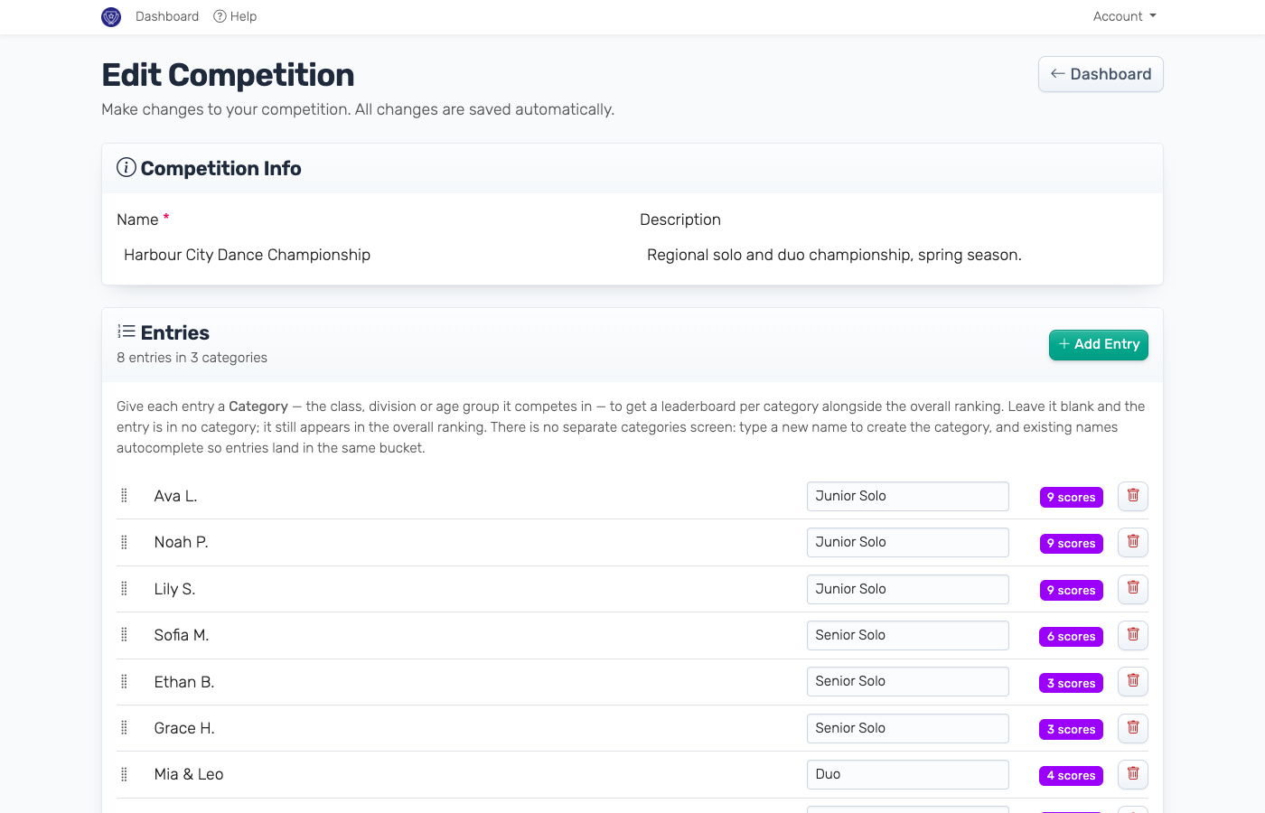 The competition editor: competition info and entries with their categories