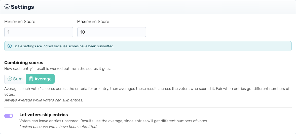 The Settings card of an Audience Scoring competition with Let voters skip entries turned on