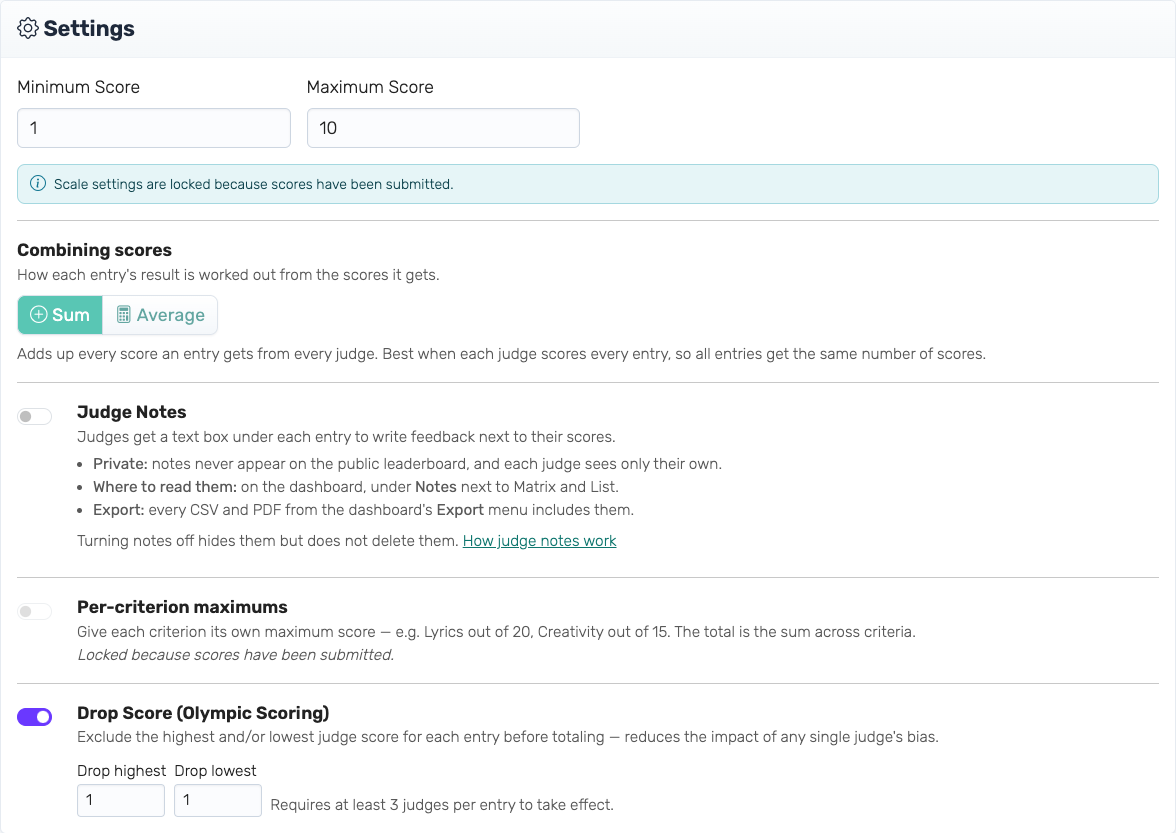 The editor's Settings card with Drop Score turned on: drop-highest and drop-lowest inputs and the minimum-judges note