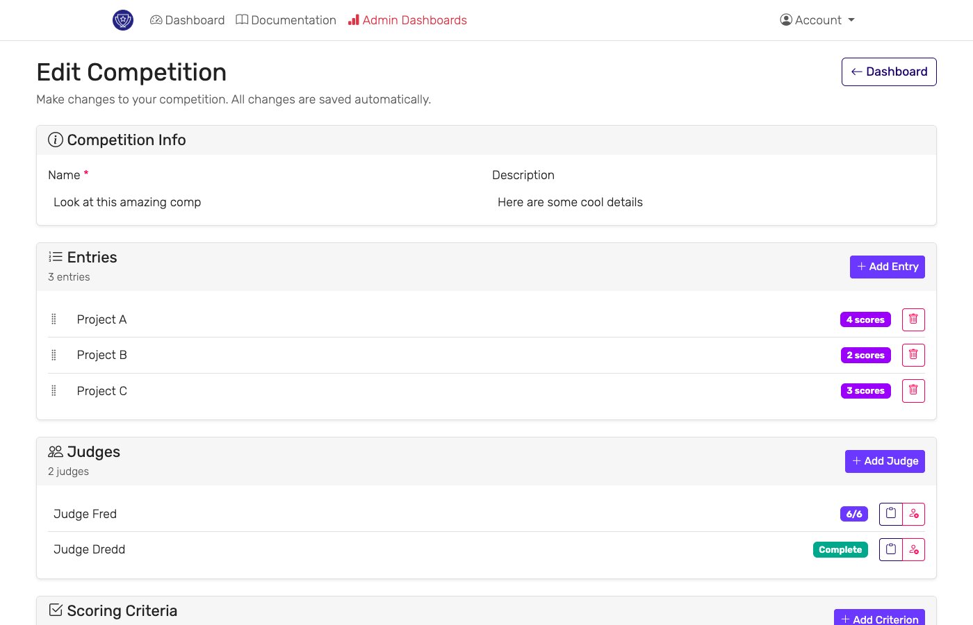 Competition editor showing entries, judges, and scoring criteria
