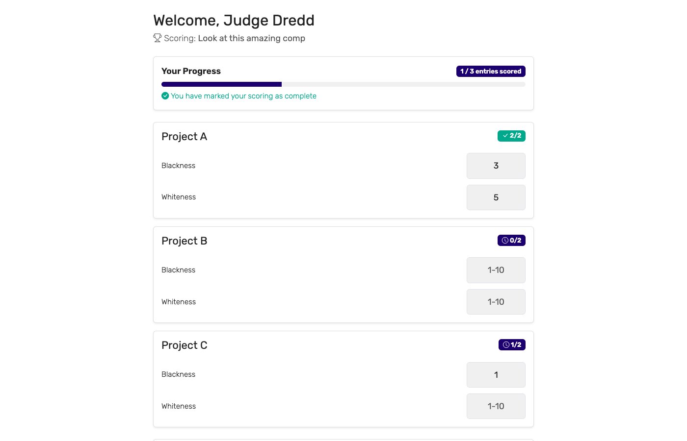 Judge scoring interface with entries and criteria