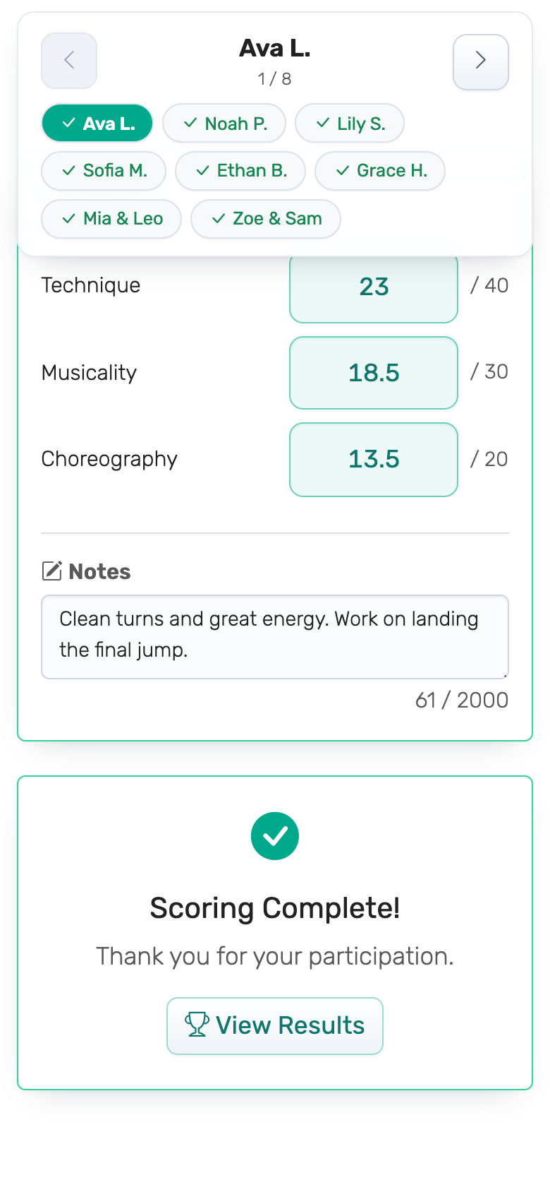 A feedback note under an entry's scores on a phone