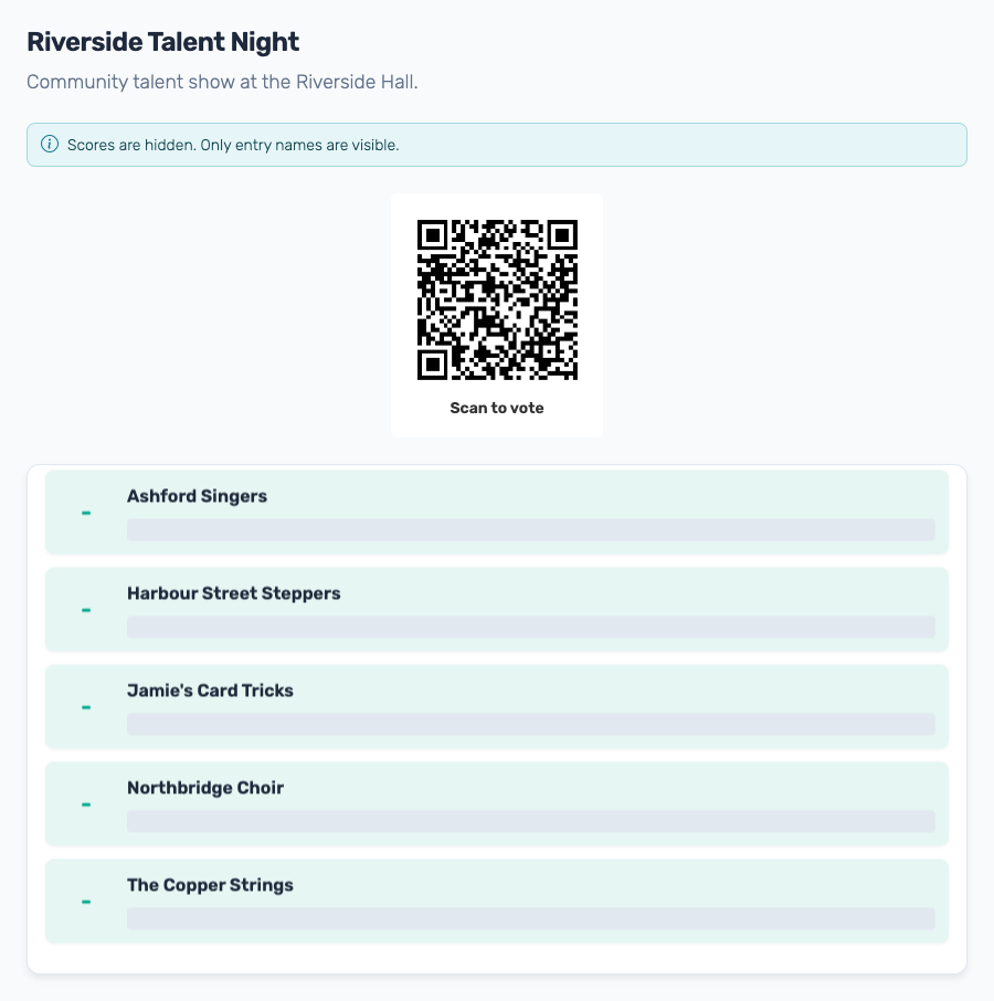 Entries only: entry names without scores, with the voting QR code still on the page