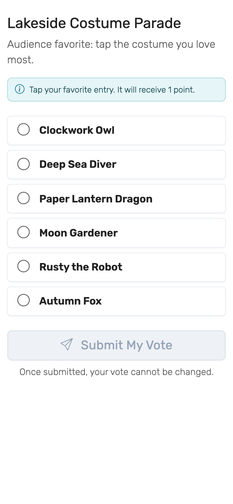 Audience Favorite on a phone: one radio button per entry and a Submit My Vote button