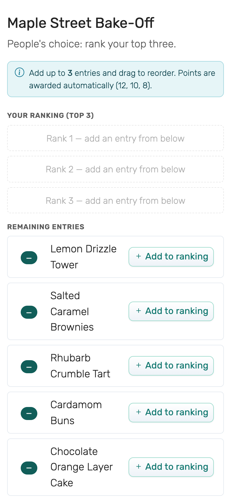 Audience Ranking on a phone: rank slots at the top, Add to ranking buttons below