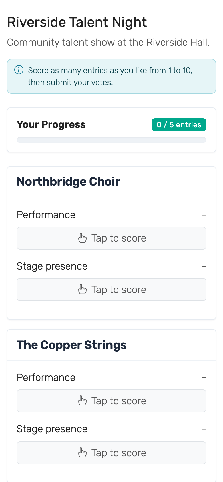 Audience Scoring on a phone: each entry has a Tap to score button per criterion