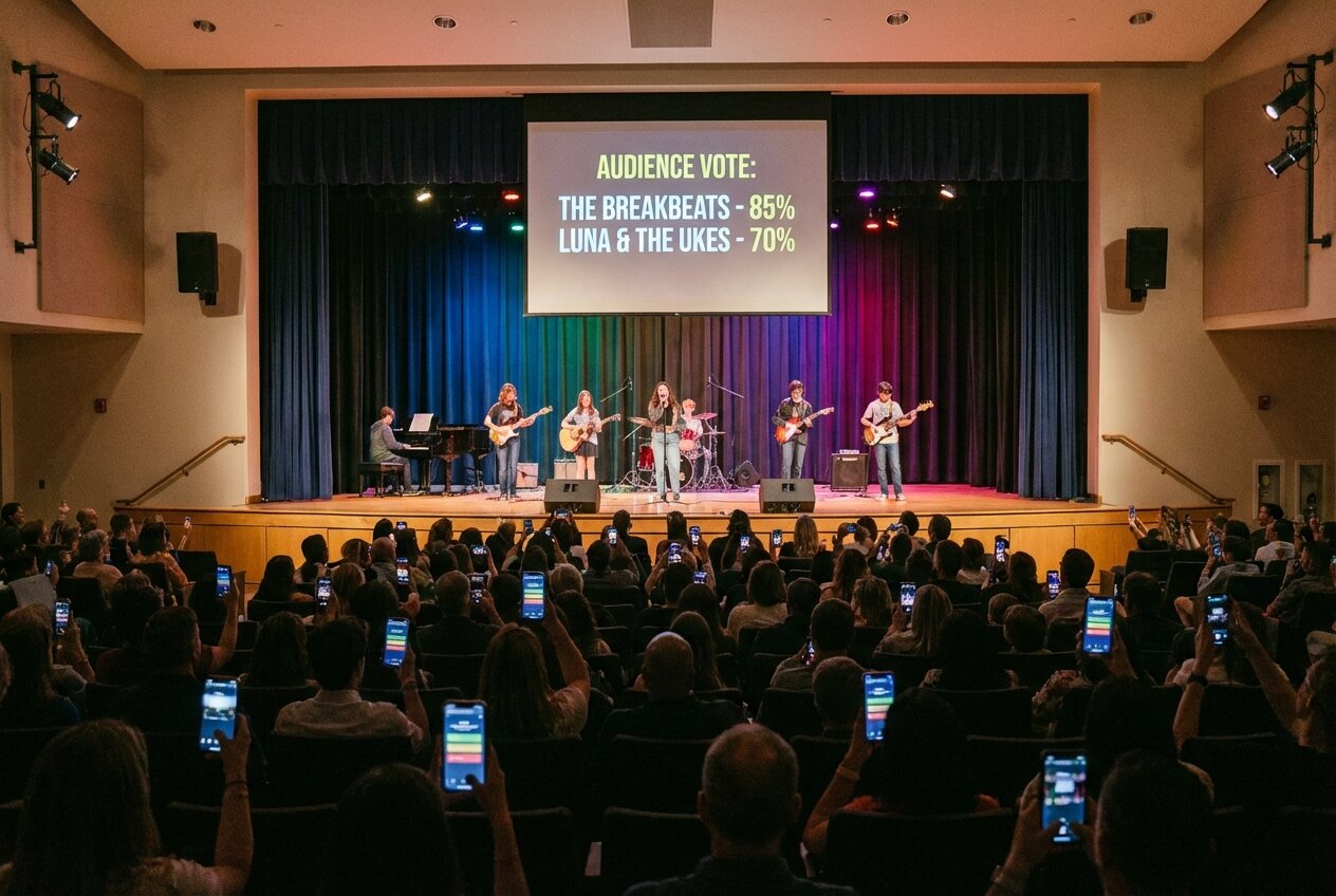 Feature screenshot: Audience at talent show voting on their phones