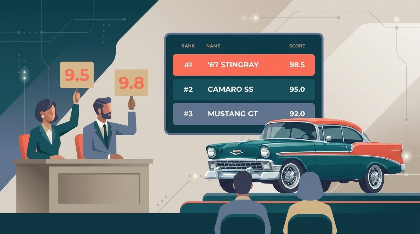 Illustration of judges scoring a classic show car with a live ScoreJudge leaderboard of car entries
