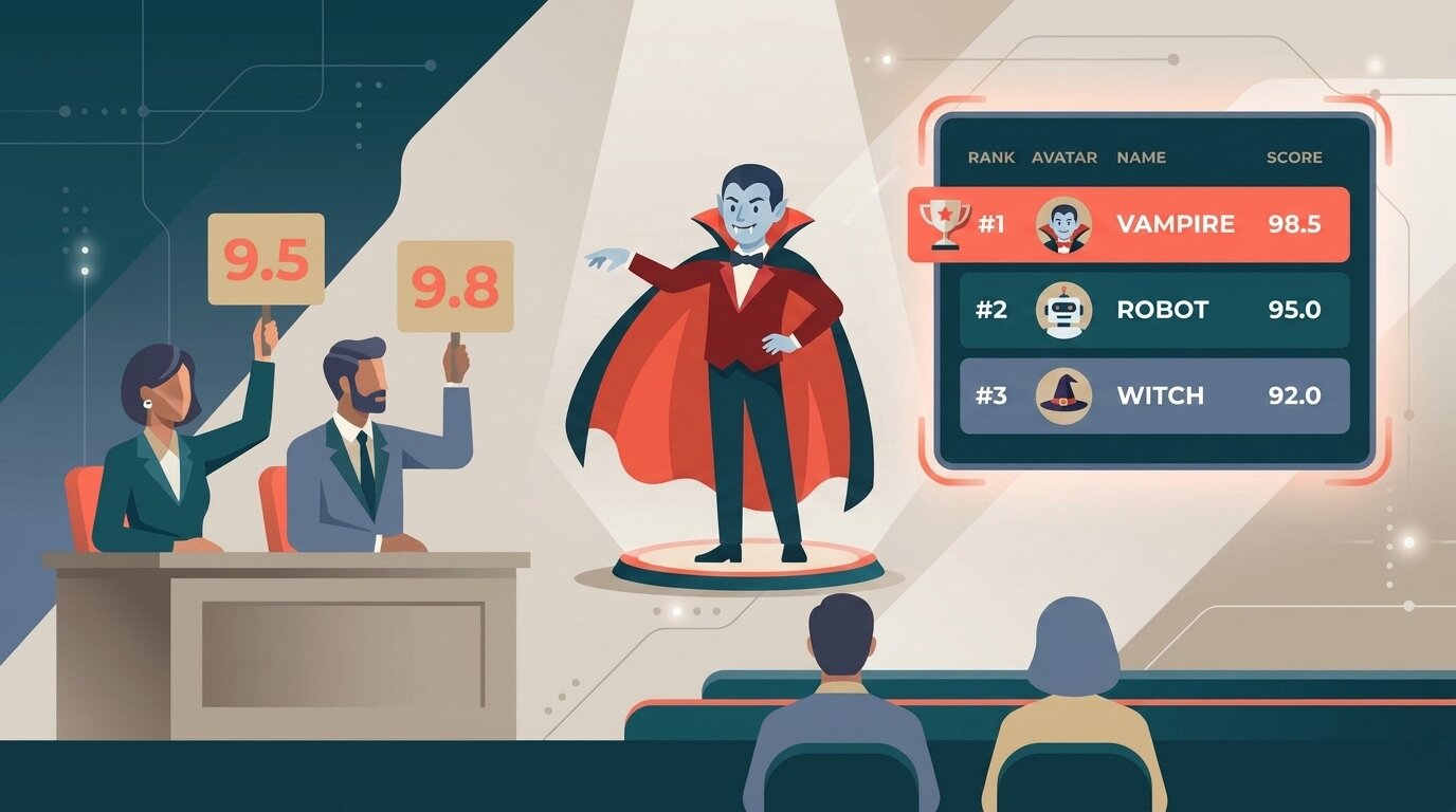 Illustration of judges scoring Halloween costumes on their phones with a live ScoreJudge leaderboard of entries