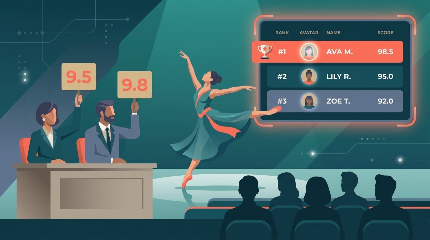 Illustration of judges scoring a dance routine with a live ScoreJudge leaderboard of dancers
