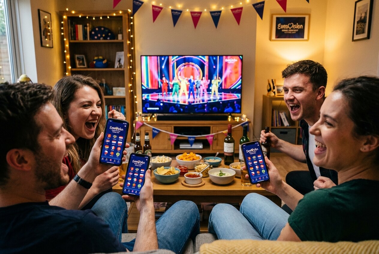 Feature screenshot: Friends at Eurovision watch party voting on performances with phones