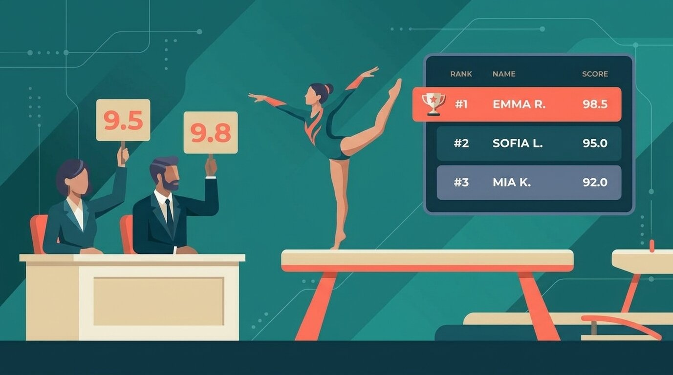 Illustration of a judge scoring a gymnastics routine on a phone with a live ScoreJudge all-around leaderboard
