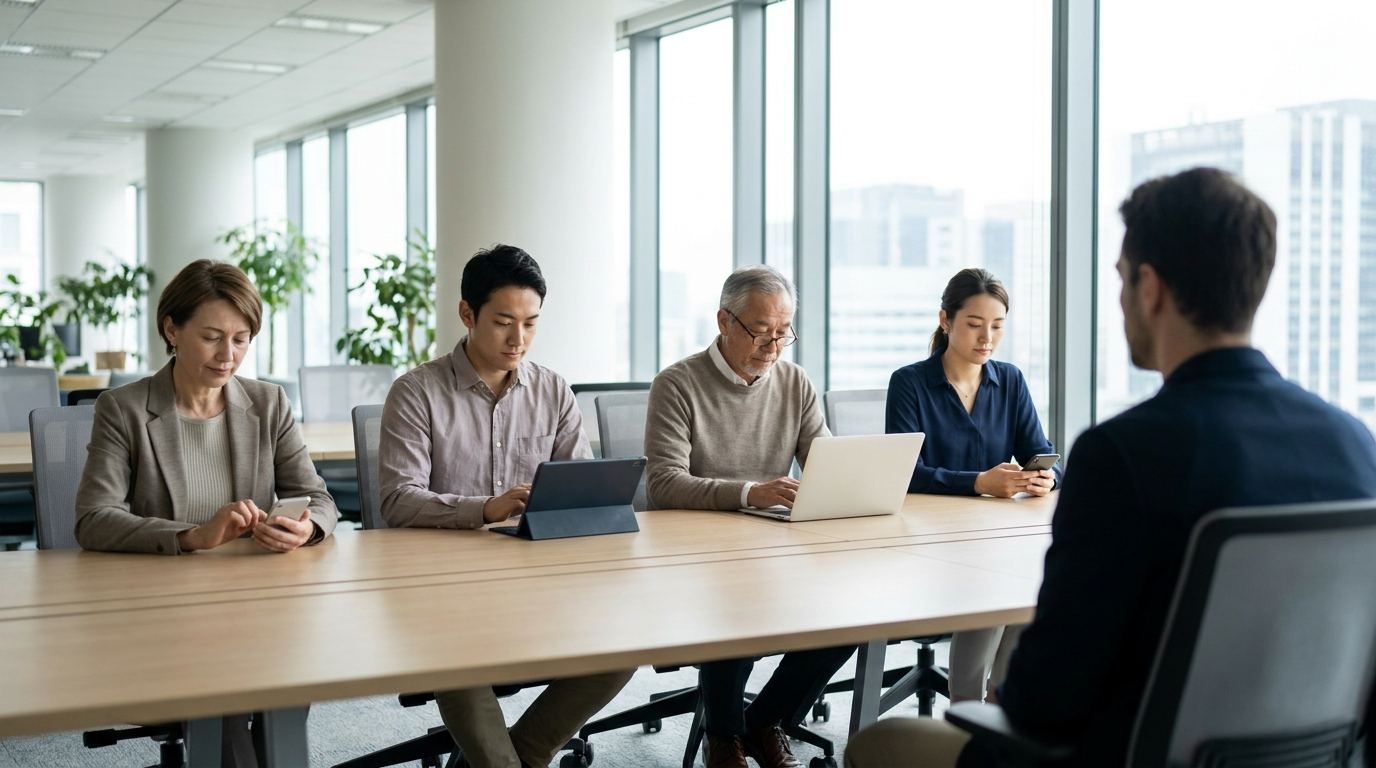 Four interviewers on a hiring panel scoring a candidate independently on their own devices