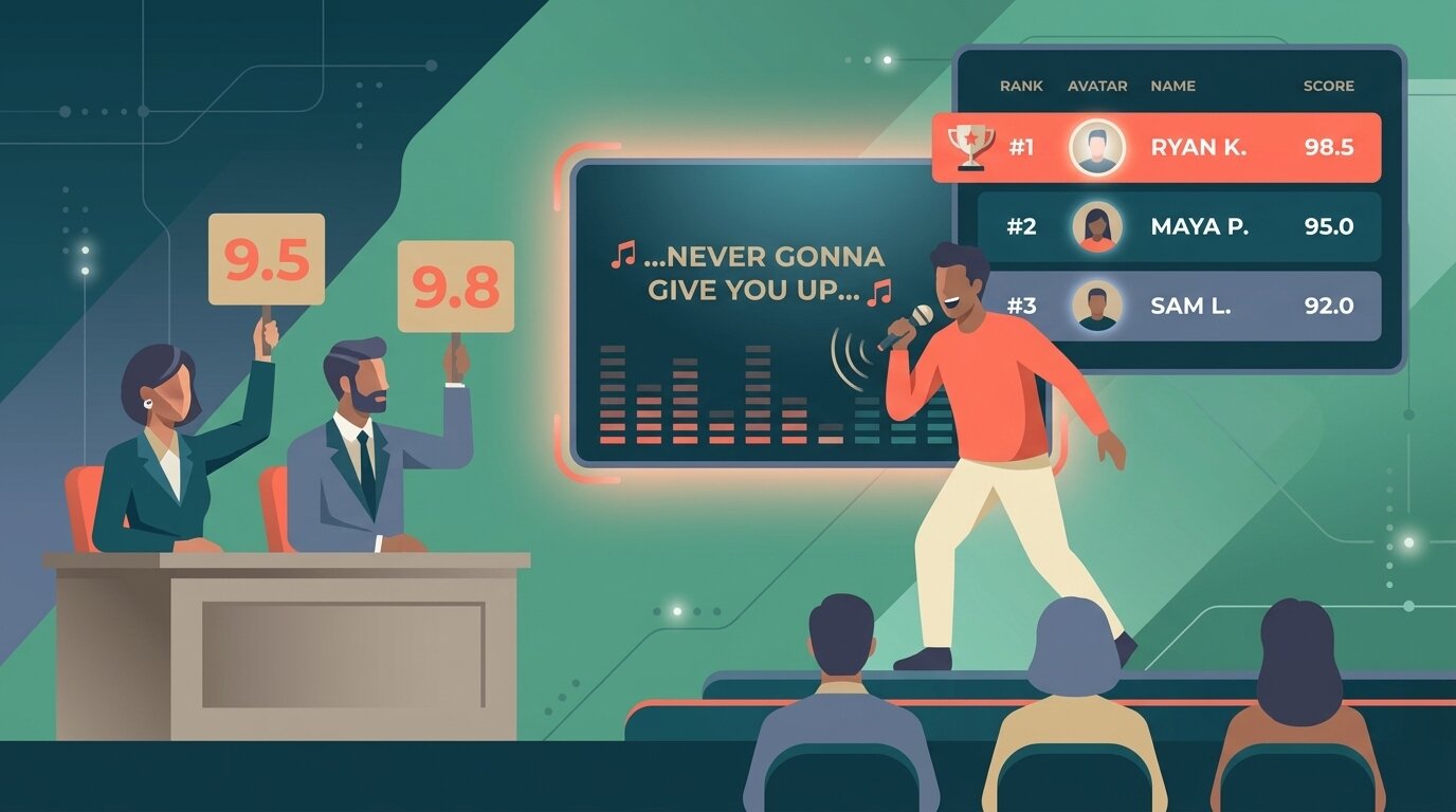 Illustration of judges scoring a karaoke singer with a live ScoreJudge leaderboard