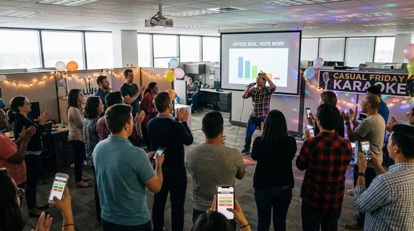 Feature screenshot: Office employees participating in song contest competition