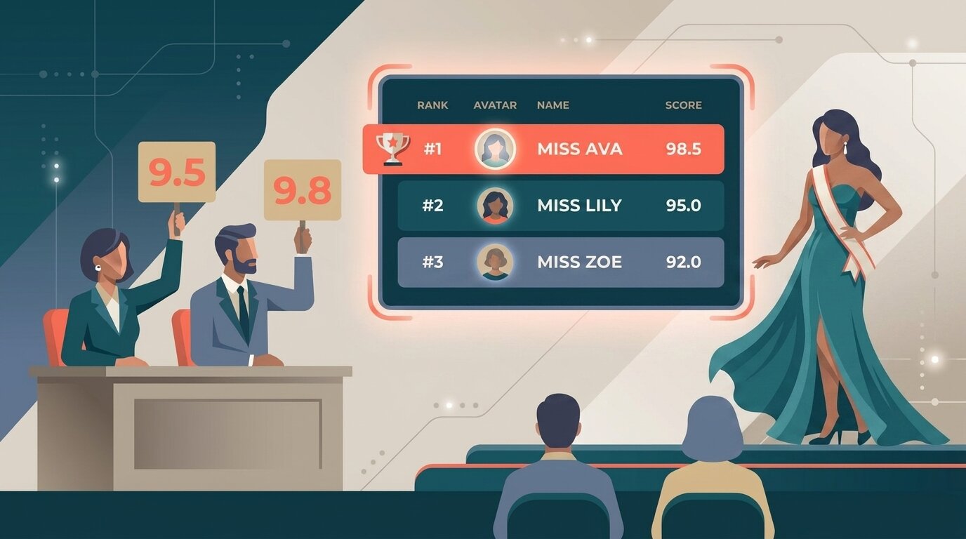 Illustration of judges scoring a pageant contestant with a live ScoreJudge leaderboard