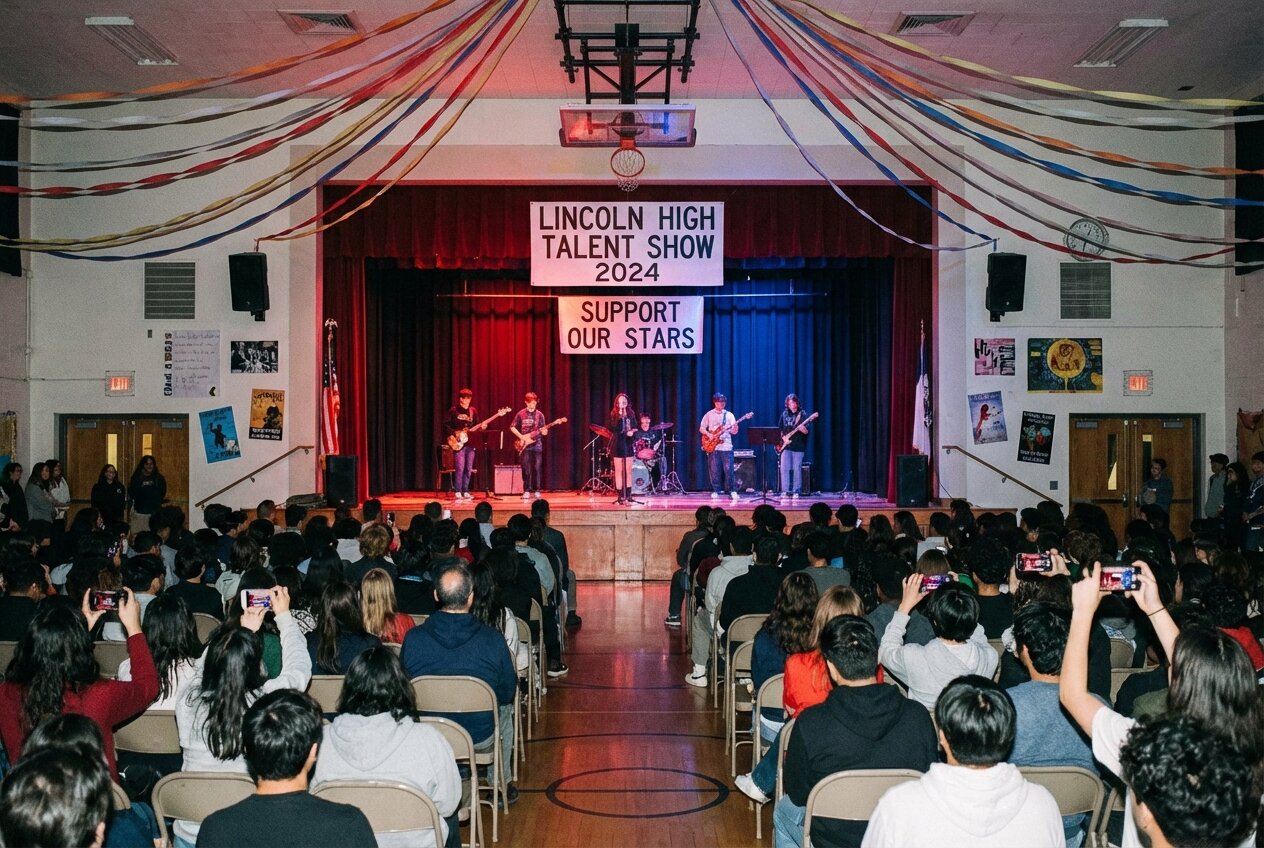 Feature screenshot: School students performing in Eurovision-style music competition