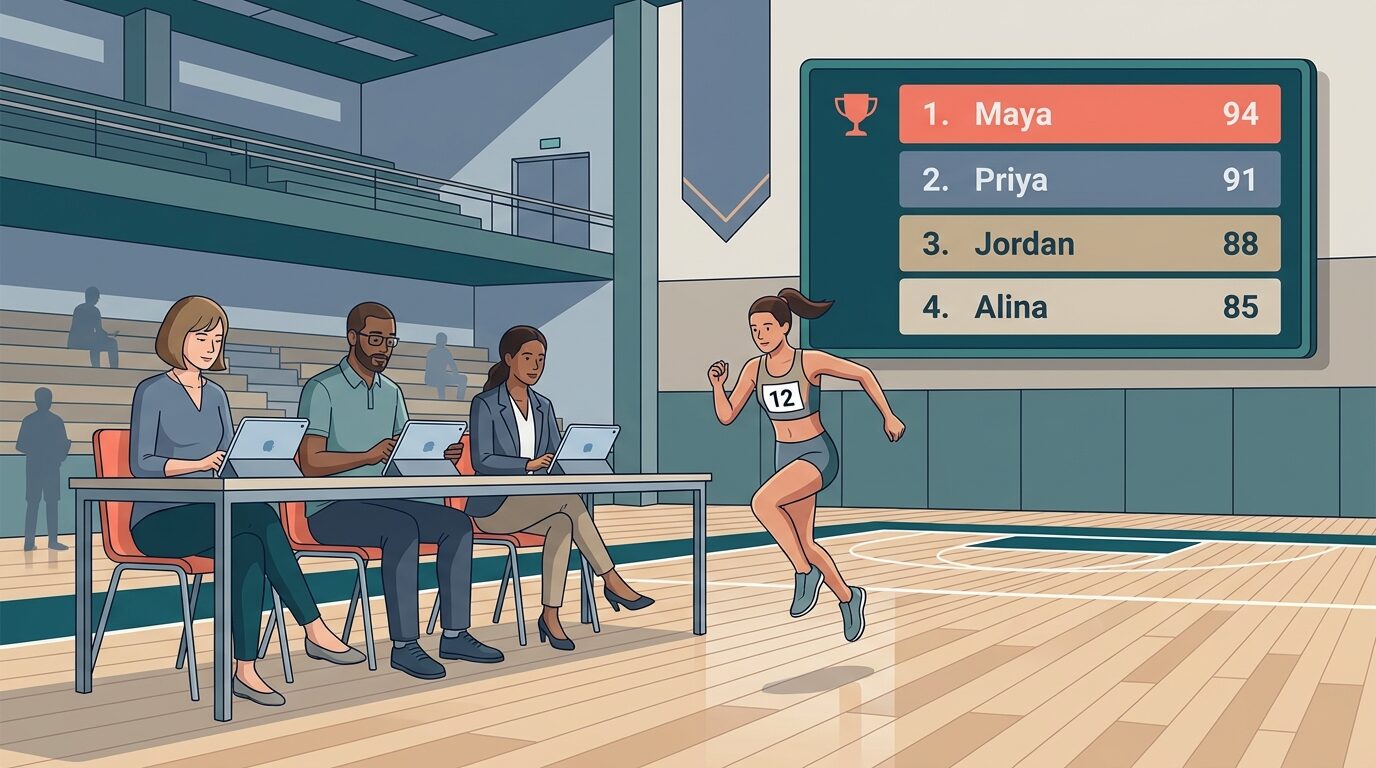 Illustration of three coaches scoring a dance tryout on tablets with a live ranked leaderboard of candidates on the gym wall